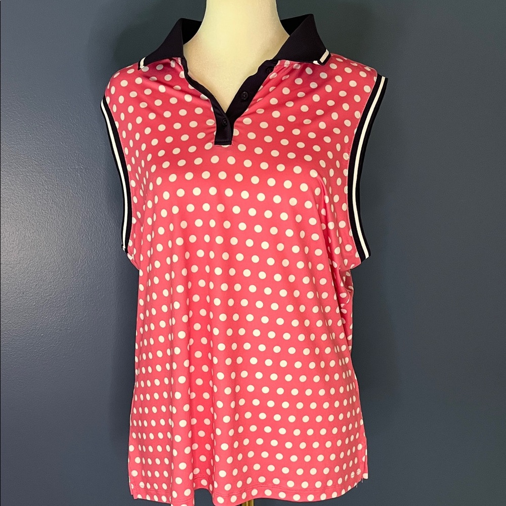 Lillie Green- sleeveless golf/tennis polo, brt pink, white, polka dot, navy trim